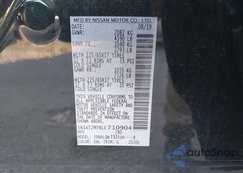 2020 Nissan Rogue Sv Fwd from USA, damaged, VIN 5N1AT2MT6LC710904